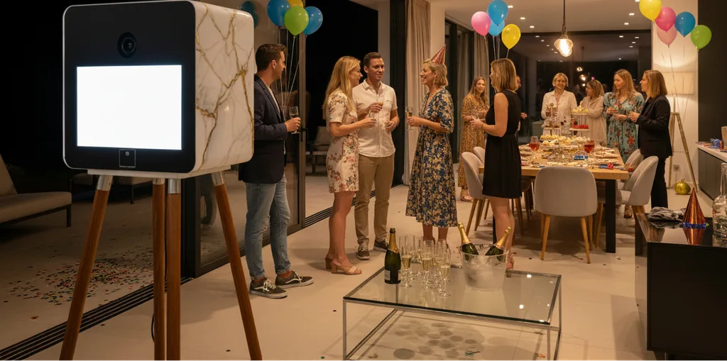 Photobooth effet marbre dans une salle d’anniversaire décorée de ballons